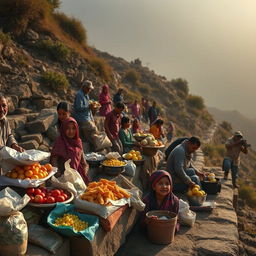 An evocative photograph depicting poor street vendors diligently selling their goods on the slopes of a hillside