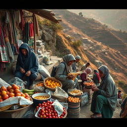 An evocative photograph depicting poor street vendors diligently selling their goods on the slopes of a hillside