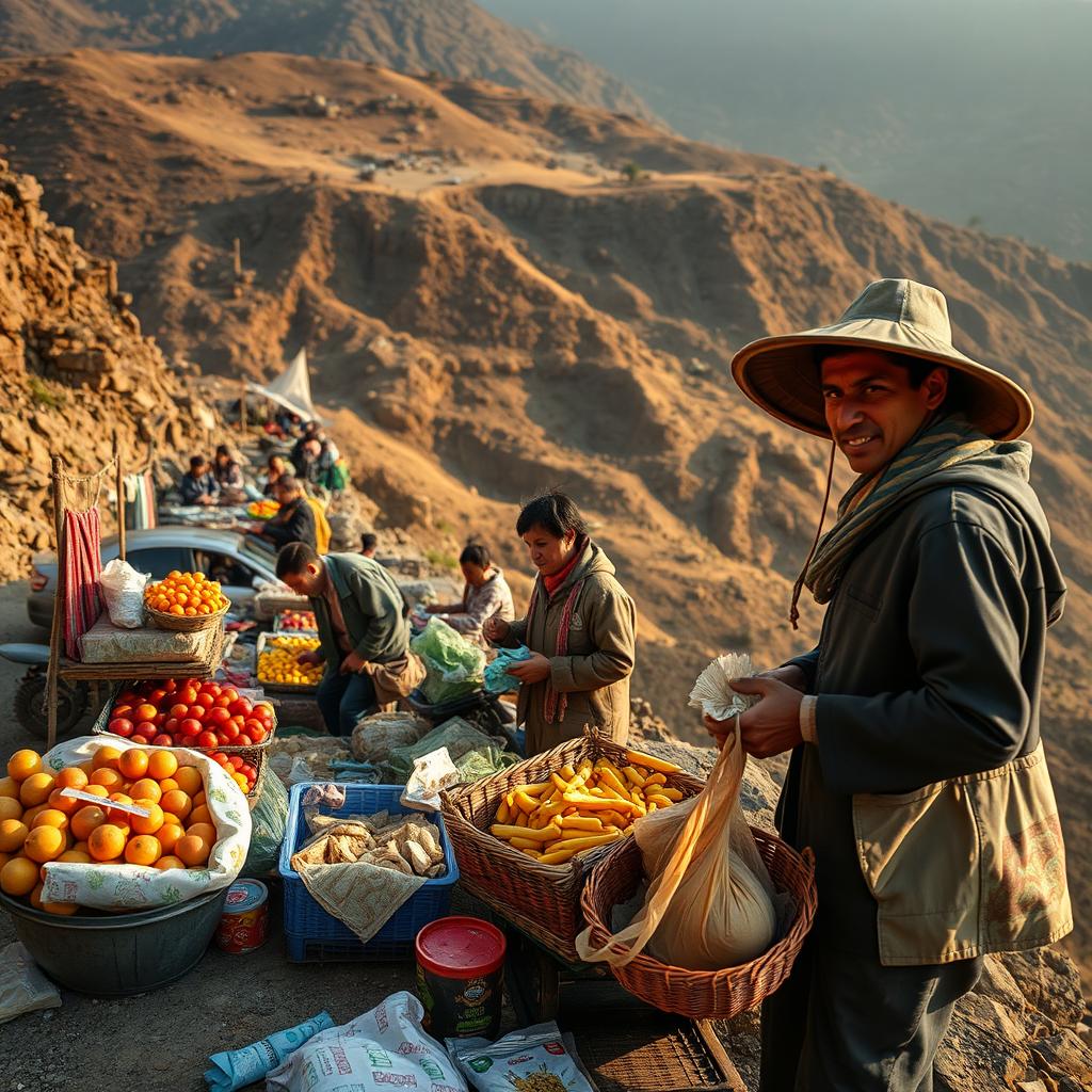 An evocative photograph depicting poor street vendors diligently selling their goods on the slopes of a hillside