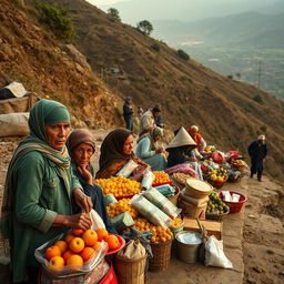 An evocative photograph depicting poor street vendors diligently selling their goods on the slopes of a hillside