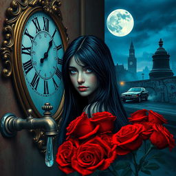 A beautiful and stunning girl with long, dangerous black hair and piercing blue eyes, immersed in a psychedelic Salvador Dali-inspired dreamlike world