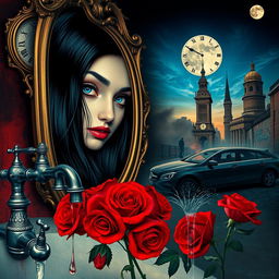 A beautiful and stunning girl with long, dangerous black hair and piercing blue eyes, immersed in a psychedelic Salvador Dali-inspired dreamlike world