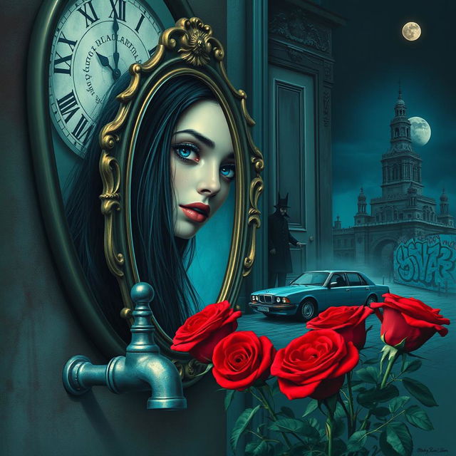 A beautiful and stunning girl with long, dangerous black hair and piercing blue eyes, immersed in a psychedelic Salvador Dali-inspired dreamlike world