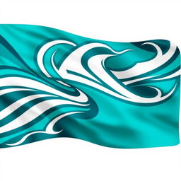 A vibrant and dynamic color guard flag design featuring a combination of teal, turquoise, and white