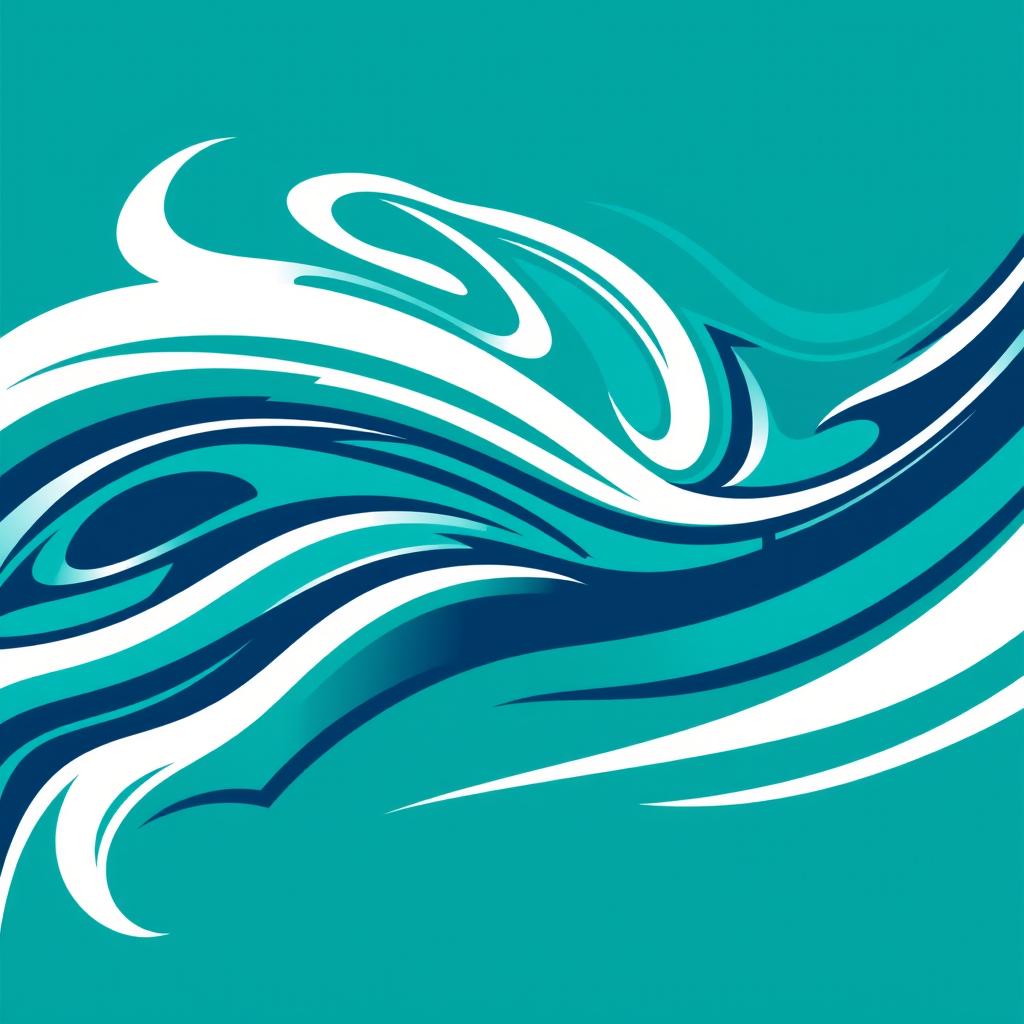 A vibrant and dynamic color guard flag design featuring a combination of teal, turquoise, and white