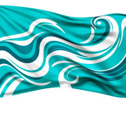 A vibrant and dynamic color guard flag design featuring a combination of teal, turquoise, and white