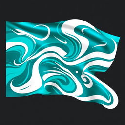 A vibrant and dynamic color guard flag design featuring a combination of teal, turquoise, and white