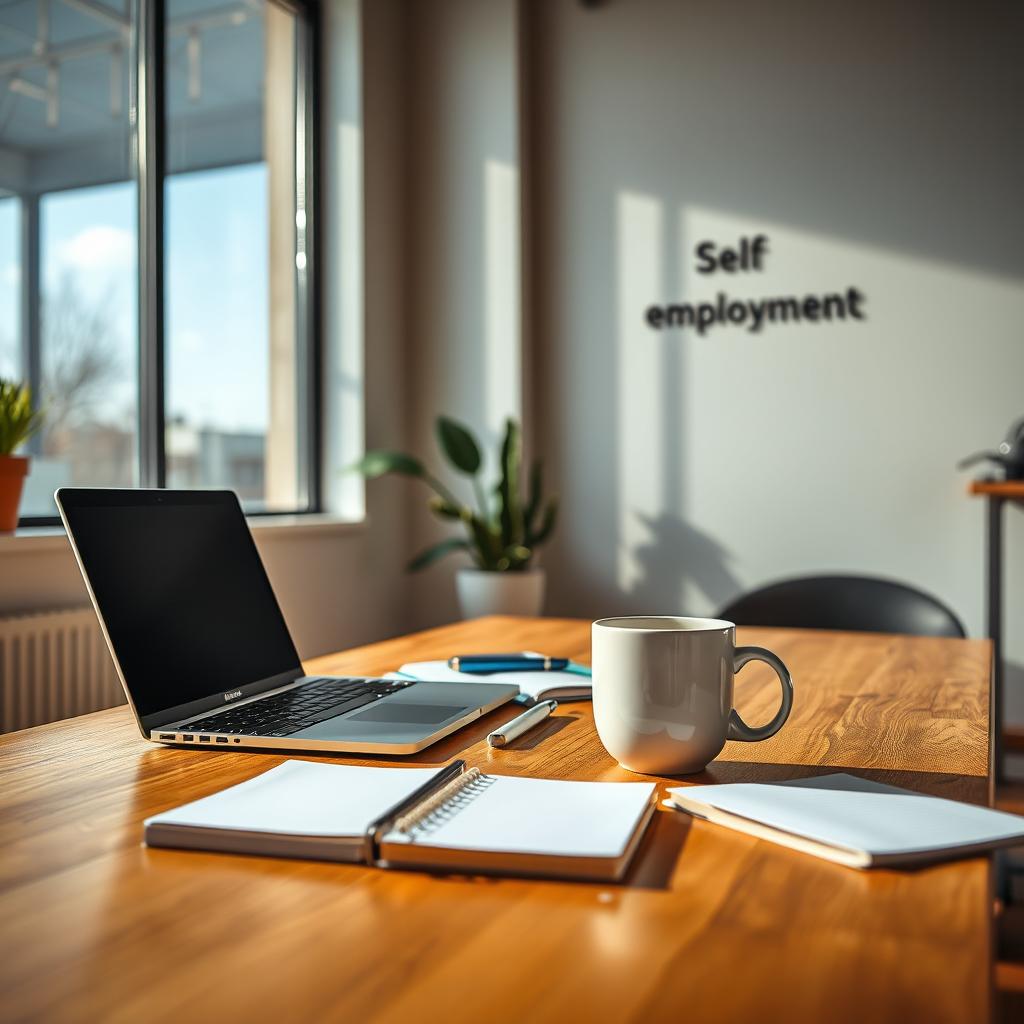 A modern and inspiring depiction of self-employment, showcasing a sleek workspace featuring an open laptop, notepads, and a steaming mug of coffee on a wooden desk