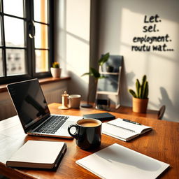 A modern and inspiring depiction of self-employment, showcasing a sleek workspace featuring an open laptop, notepads, and a steaming mug of coffee on a wooden desk