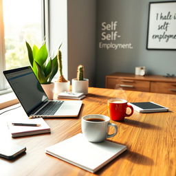 A modern and inspiring depiction of self-employment, showcasing a sleek workspace featuring an open laptop, notepads, and a steaming mug of coffee on a wooden desk