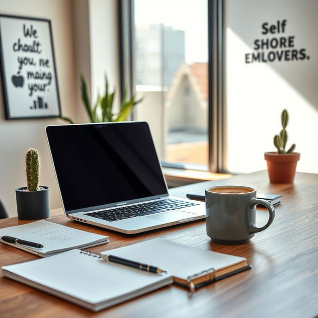 A modern and inspiring depiction of self-employment, showcasing a sleek workspace featuring an open laptop, notepads, and a steaming mug of coffee on a wooden desk