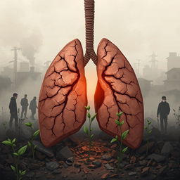 An emotional and impactful illustration of a dry human lung, symbolizing the severe effects of air pollution on the environment and health of local communities