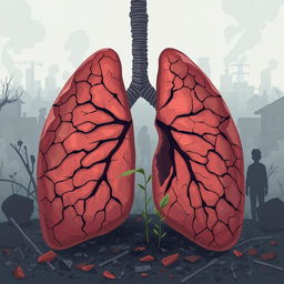 An emotional and impactful illustration of a dry human lung, symbolizing the severe effects of air pollution on the environment and health of local communities