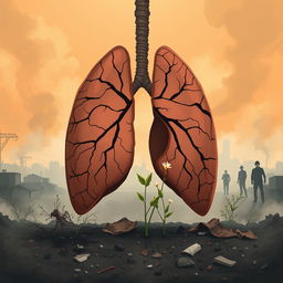 An emotional and impactful illustration of a dry human lung, symbolizing the severe effects of air pollution on the environment and health of local communities
