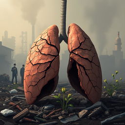 An emotional and impactful illustration of a dry human lung, symbolizing the severe effects of air pollution on the environment and health of local communities