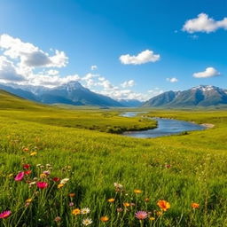 A serene landscape featuring a lush green meadow under a bright blue sky, dotted with fluffy white clouds