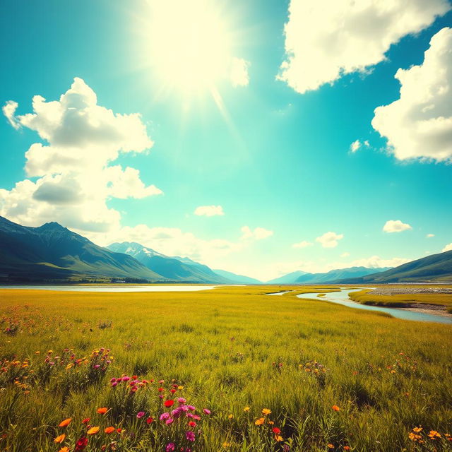 A serene landscape featuring a lush green meadow under a bright blue sky, dotted with fluffy white clouds