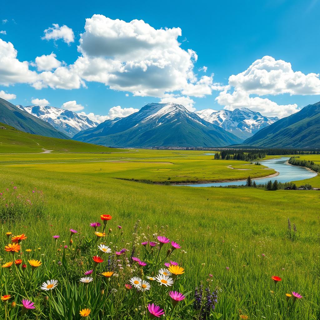 A serene landscape featuring a lush green meadow under a bright blue sky, dotted with fluffy white clouds