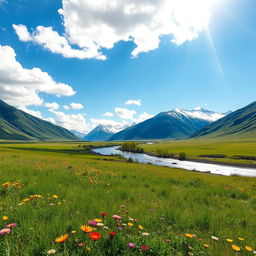A serene landscape featuring a lush green meadow under a bright blue sky, dotted with fluffy white clouds