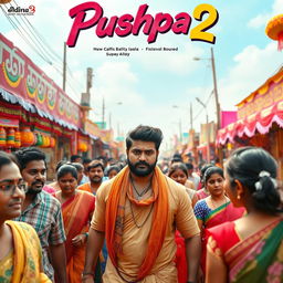 A dynamic and vibrant scene from Allu Arjun's movie 'Pushpa 2', showcasing the festive atmosphere of a Jaathara (a traditional festival)