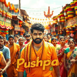 A dynamic and vibrant scene from Allu Arjun's movie 'Pushpa 2', showcasing the festive atmosphere of a Jaathara (a traditional festival)