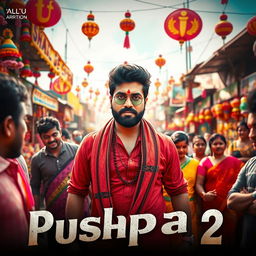 A dynamic and vibrant scene from Allu Arjun's movie 'Pushpa 2', showcasing the festive atmosphere of a Jaathara (a traditional festival)