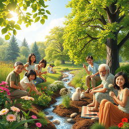 A serene and picturesque image depicting humans living in harmony with nature