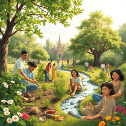 A serene and picturesque image depicting humans living in harmony with nature