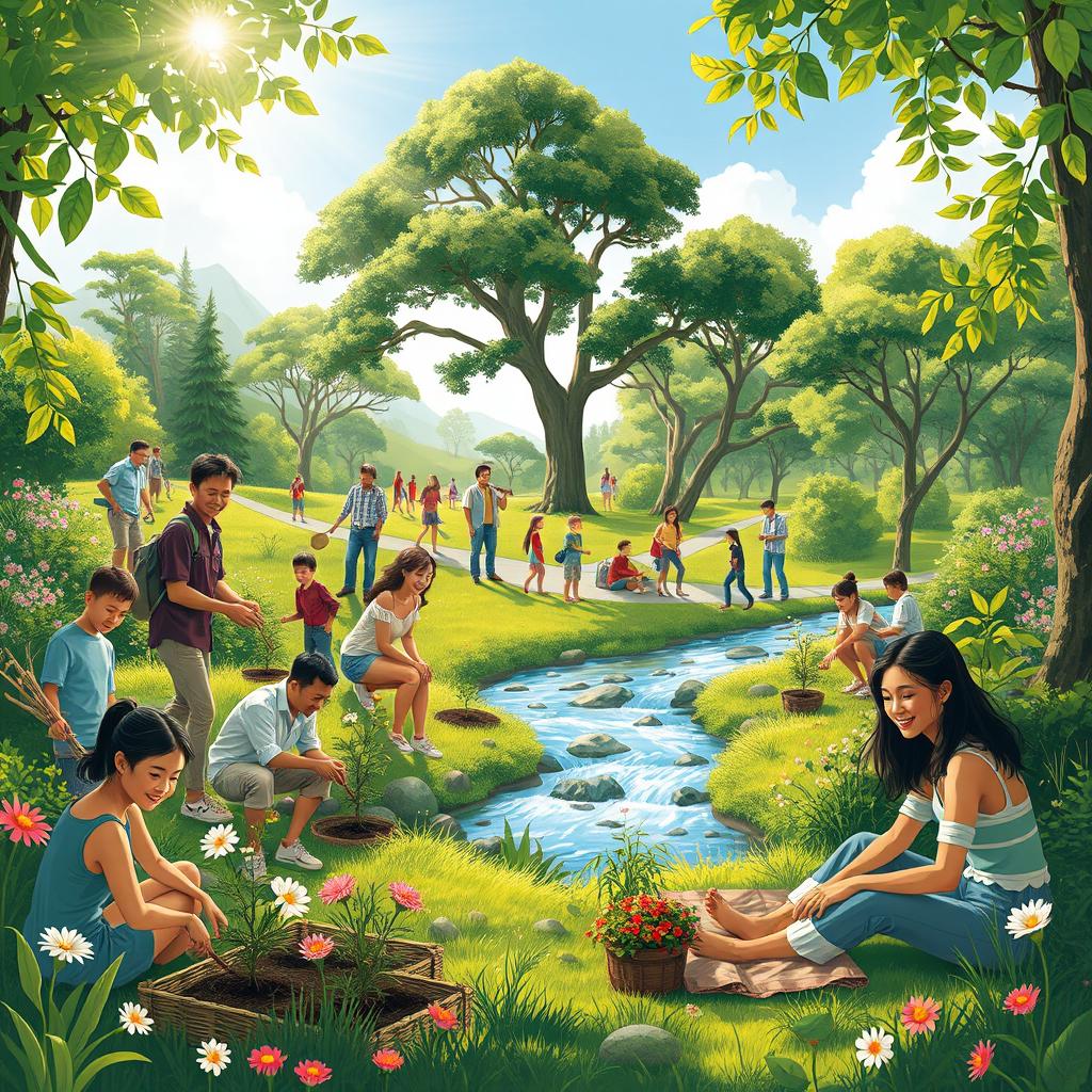 A serene and picturesque image depicting humans living in harmony with nature