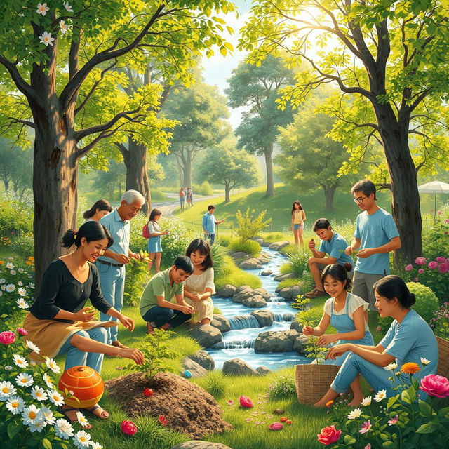 A serene and picturesque image depicting humans living in harmony with nature