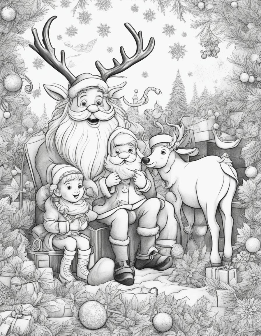 A black and white sketch for a child's colouring book featuring a jovial Santa Claus, a playful Christmas elf, and a friendly reindeer in a festive Christmas scene