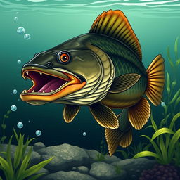 A highly detailed vector illustration of a snakehead fish, showcasing its distinctive features like elongated body, large mouth with sharp teeth, and snake-like appearance