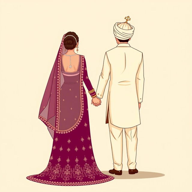 A cartoonic illustration depicting a Pakistani bride and groom from the back, holding hands