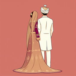 A cartoonic illustration depicting a Pakistani bride and groom from the back, holding hands