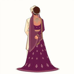A cartoonic illustration depicting a Pakistani bride and groom from the back, holding hands