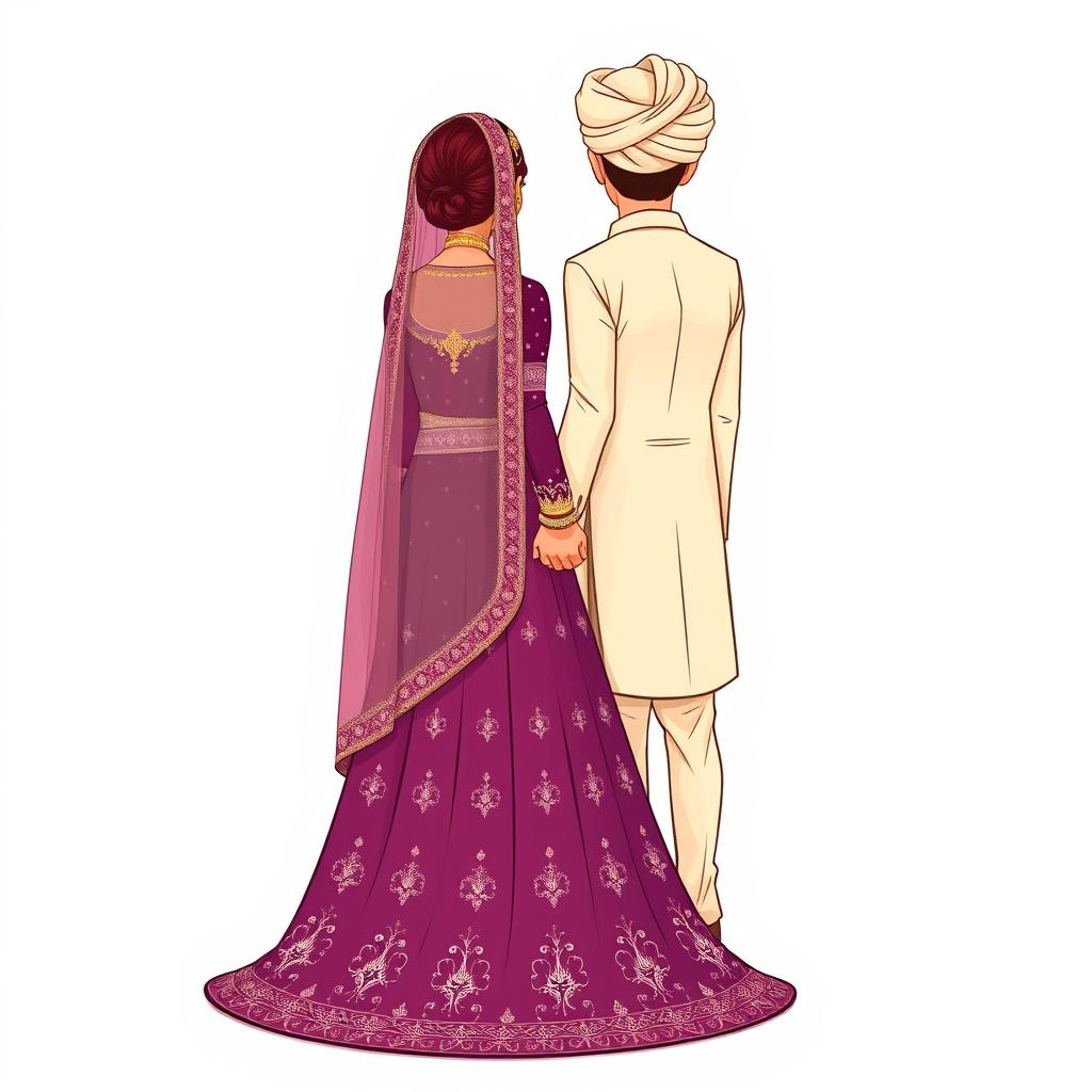 A cartoonic illustration depicting a Pakistani bride and groom from the back, holding hands