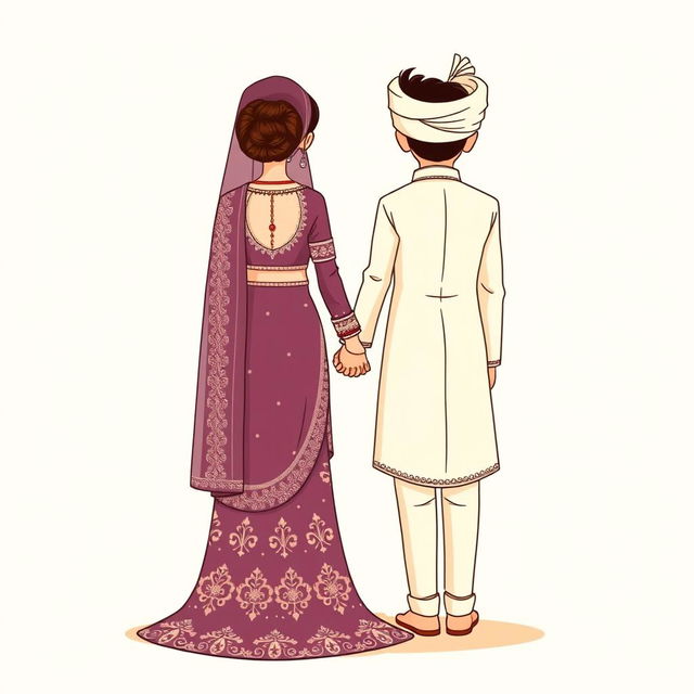 A cartoonic illustration showcasing a Pakistani bride and groom from the back, holding hands