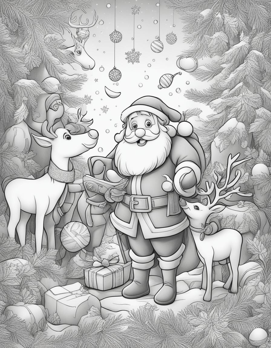 A black and white sketch for a child's colouring book featuring a jovial Santa Claus, a playful Christmas elf, and a friendly reindeer in a festive Christmas scene