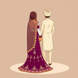A cartoonic illustration showcasing a Pakistani bride and groom from the back, holding hands