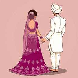 A cartoonic illustration showcasing a Pakistani bride and groom from the back, holding hands
