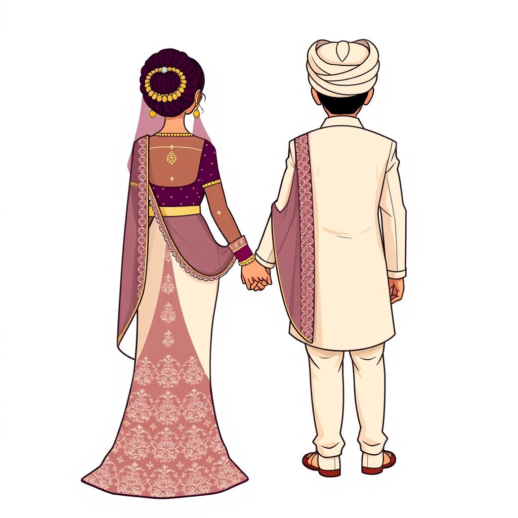 A cartoonic illustration showcasing a Pakistani bride and groom from the back, holding hands