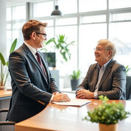 A warm and engaging image of a public official attending to a satisfied user in a modern office environment