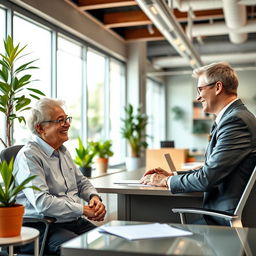 A warm and engaging image of a public official attending to a satisfied user in a modern office environment