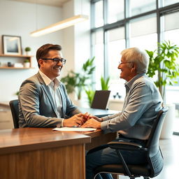 A warm and engaging image of a public official attending to a satisfied user in a modern office environment