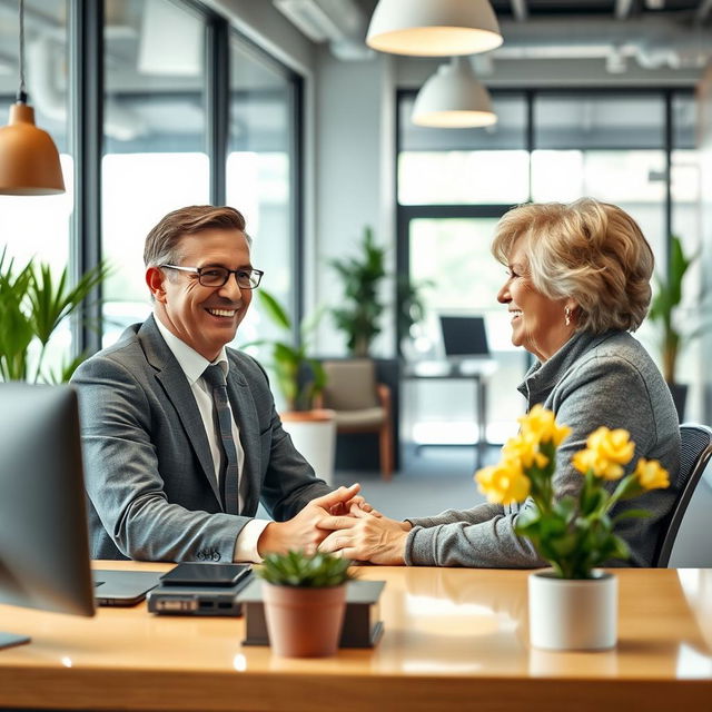 A warm and engaging image of a public official attending to a satisfied user in a modern office environment