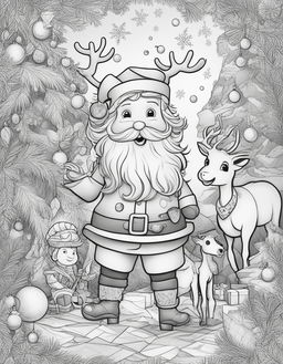 A black and white sketch for a child's colouring book featuring a jovial Santa Claus, a playful Christmas elf, and a friendly reindeer in a festive Christmas scene