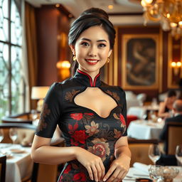 A beautiful Chinese waitress with large breasts working in a luxurious five-star restaurant, dressed in an elegant traditional Chinese dress, serving guests with a friendly smile, surrounded by opulent decor and fine dining settings, soft lighting highlighting her beauty, plush seating, and an atmosphere of sophistication and charm