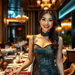 A beautiful Chinese waitress with large breasts working in a luxurious five-star restaurant, dressed in an elegant traditional Chinese dress, serving guests with a friendly smile, surrounded by opulent decor and fine dining settings, soft lighting highlighting her beauty, plush seating, and an atmosphere of sophistication and charm