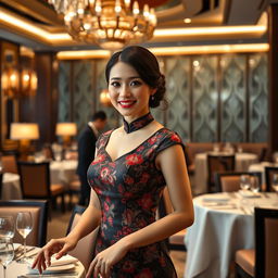 A beautiful Chinese waitress with large breasts working in a luxurious five-star restaurant, dressed in an elegant traditional Chinese dress, serving guests with a friendly smile, surrounded by opulent decor and fine dining settings, soft lighting highlighting her beauty, plush seating, and an atmosphere of sophistication and charm
