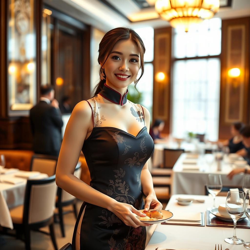 A beautiful Chinese waitress with large breasts working in a luxurious five-star restaurant, dressed in an elegant traditional Chinese dress, serving guests with a friendly smile, surrounded by opulent decor and fine dining settings, soft lighting highlighting her beauty, plush seating, and an atmosphere of sophistication and charm